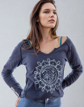 Navy cotton V-neck long sleeve shirt with moon mandala design by Fitkitty Culture Athleisure Wear, women&