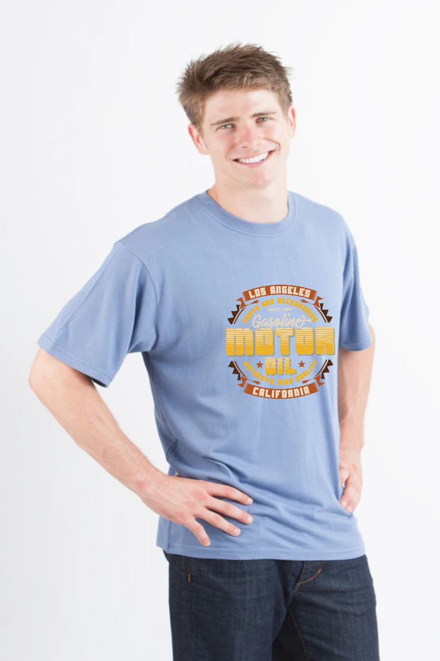 Mens printed graphic T-shirt by Spun Bamboo featuring motor oil design, made from bamboo viscose and organic cotton.