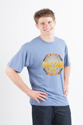 Mens printed graphic T-shirt by Spun Bamboo featuring motor oil design, made from bamboo viscose and organic cotton.