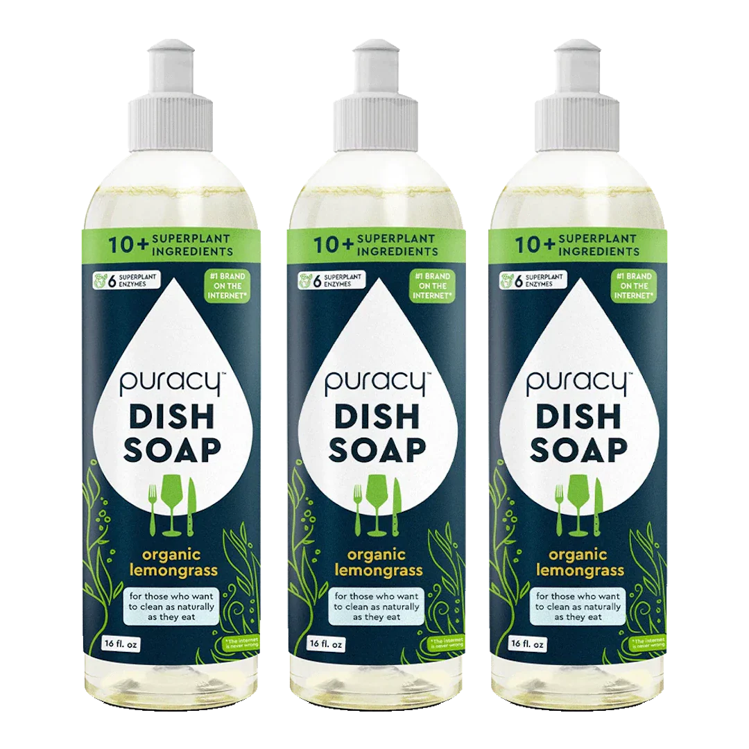 Puracy natural dish soap three-pack bottles with green and white labels, showcasing eco-friendly dishwashing liquid for cleaning dishes.