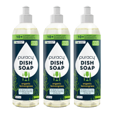 Puracy natural dish soap three-pack bottles with green and white labels, showcasing eco-friendly dishwashing liquid for cleaning dishes.