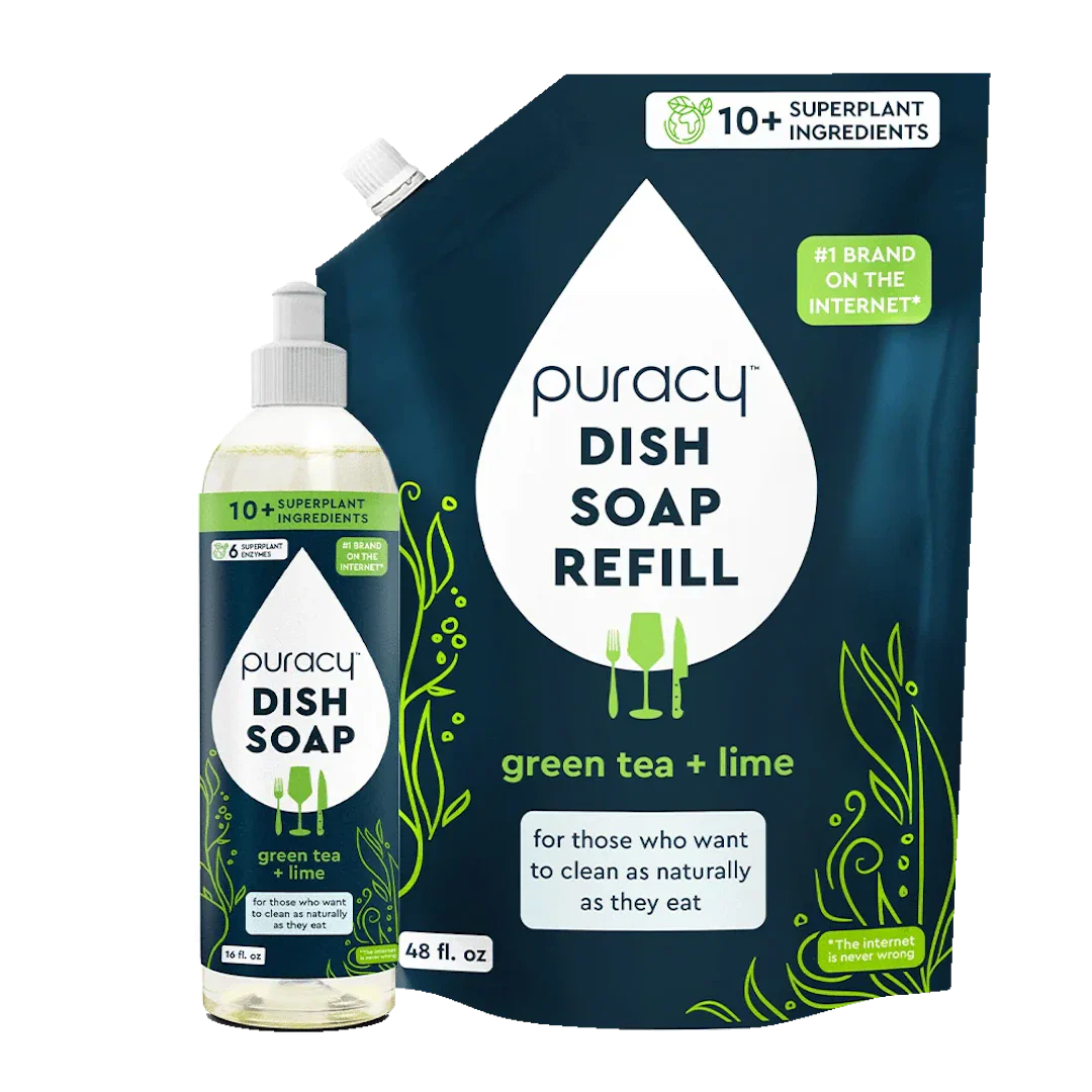 Puracy natural dish soap in a 16oz bottle with a pump dispenser, showing a clear liquid dish soap for gentle, effective cleaning.