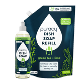 Puracy natural dish soap in a 16oz bottle with a pump dispenser, showing a clear liquid dish soap for gentle, effective cleaning.