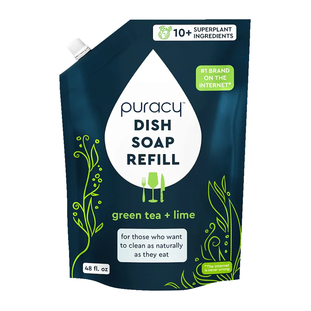 Puracy natural dish soap in a 48oz bottle, effective for cleaning dishes with plant-based ingredients and eco-friendly formula.
