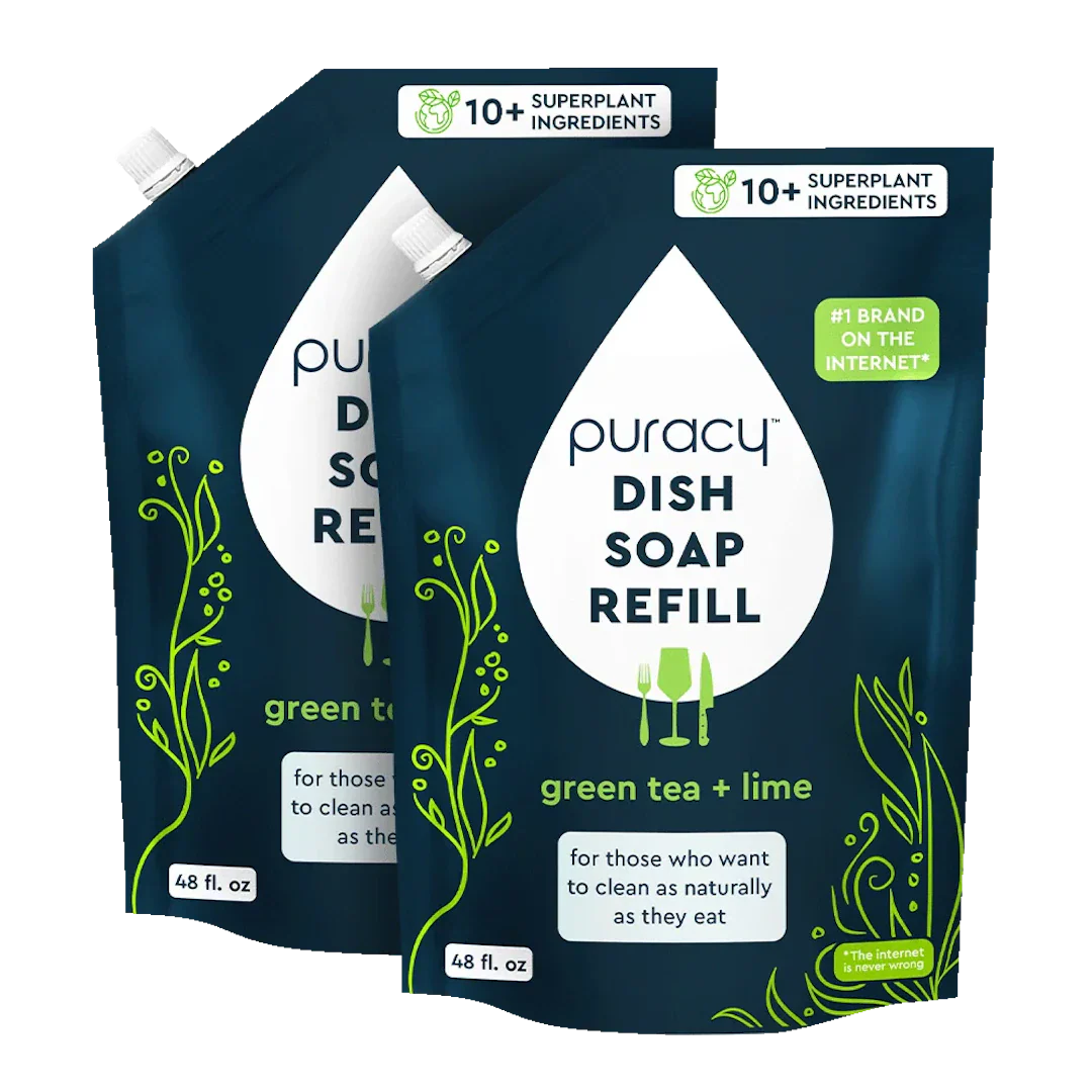 Puracy natural dish soap in a 48oz bottle, shown in a 2-pack, with a clear view of the label and soap dispensing nozzle.