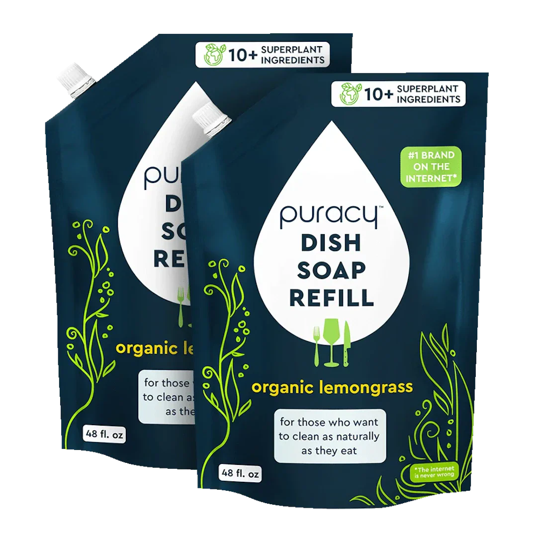 Puracy natural dish soap, 48 oz bottles, eco-friendly liquid dish soap for cleaning dishes in a 2-pack.