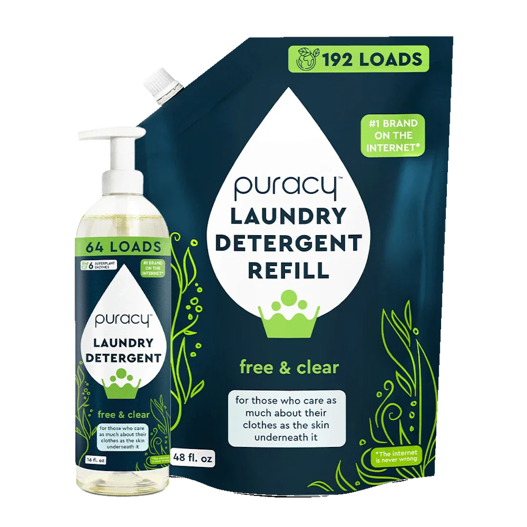 Puracy concentrated sulfate-free laundry detergent bottle, natural and eco-friendly with clear label and measurement markings, 16oz to 48oz.