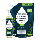 Puracy concentrated sulfate-free laundry detergent bottle, natural and eco-friendly with clear label and measurement markings, 16oz to 48oz.