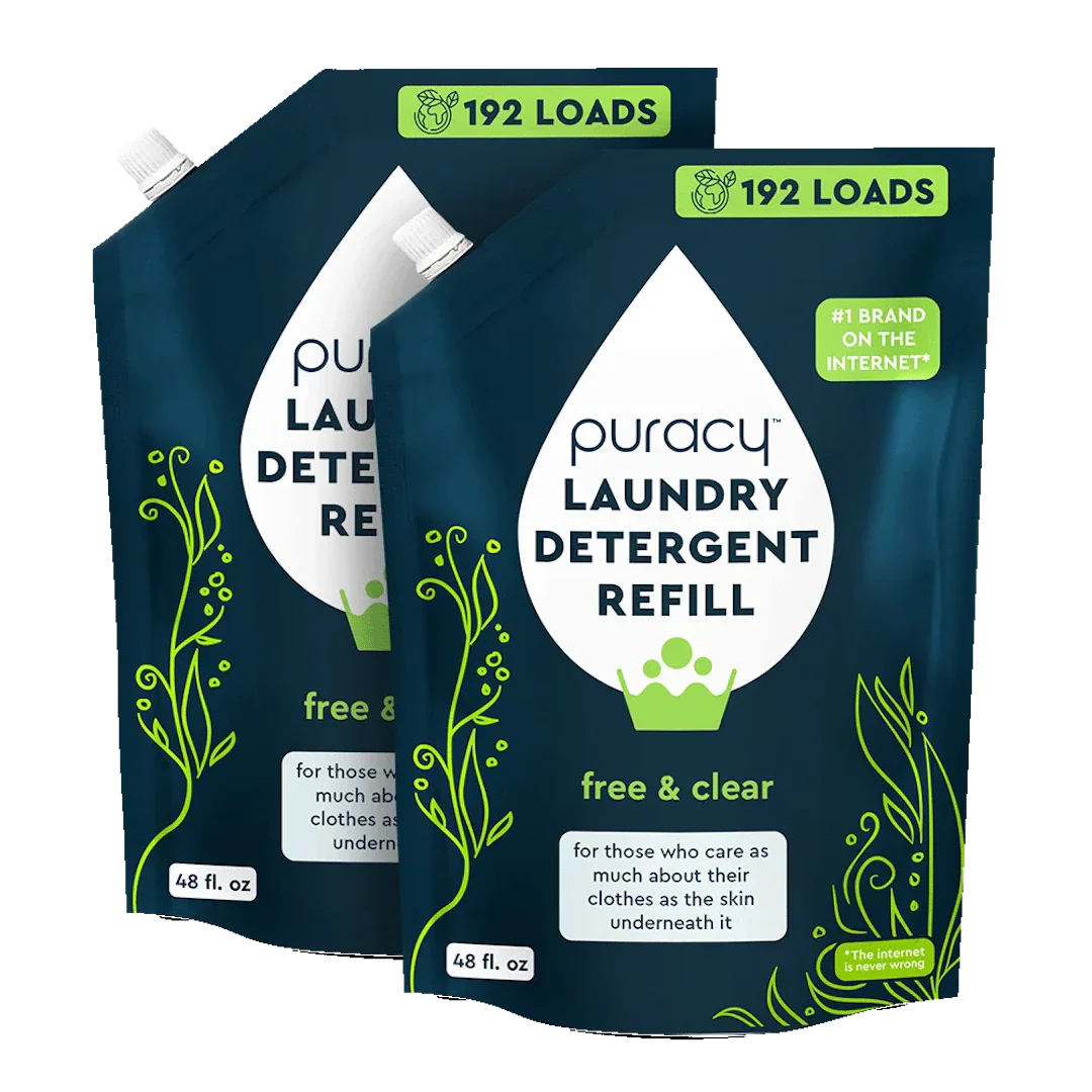 Puracy concentrated sulfate-free laundry detergent in a 48oz bottle, suitable for natural, gentle cleaning of clothes.