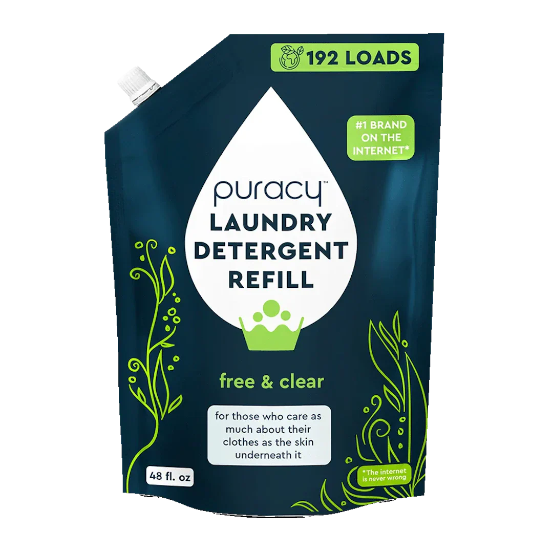Puracy concentrated sulfate-free laundry detergent in a 48oz bottle, suitable for natural and gentle laundry cleaning.