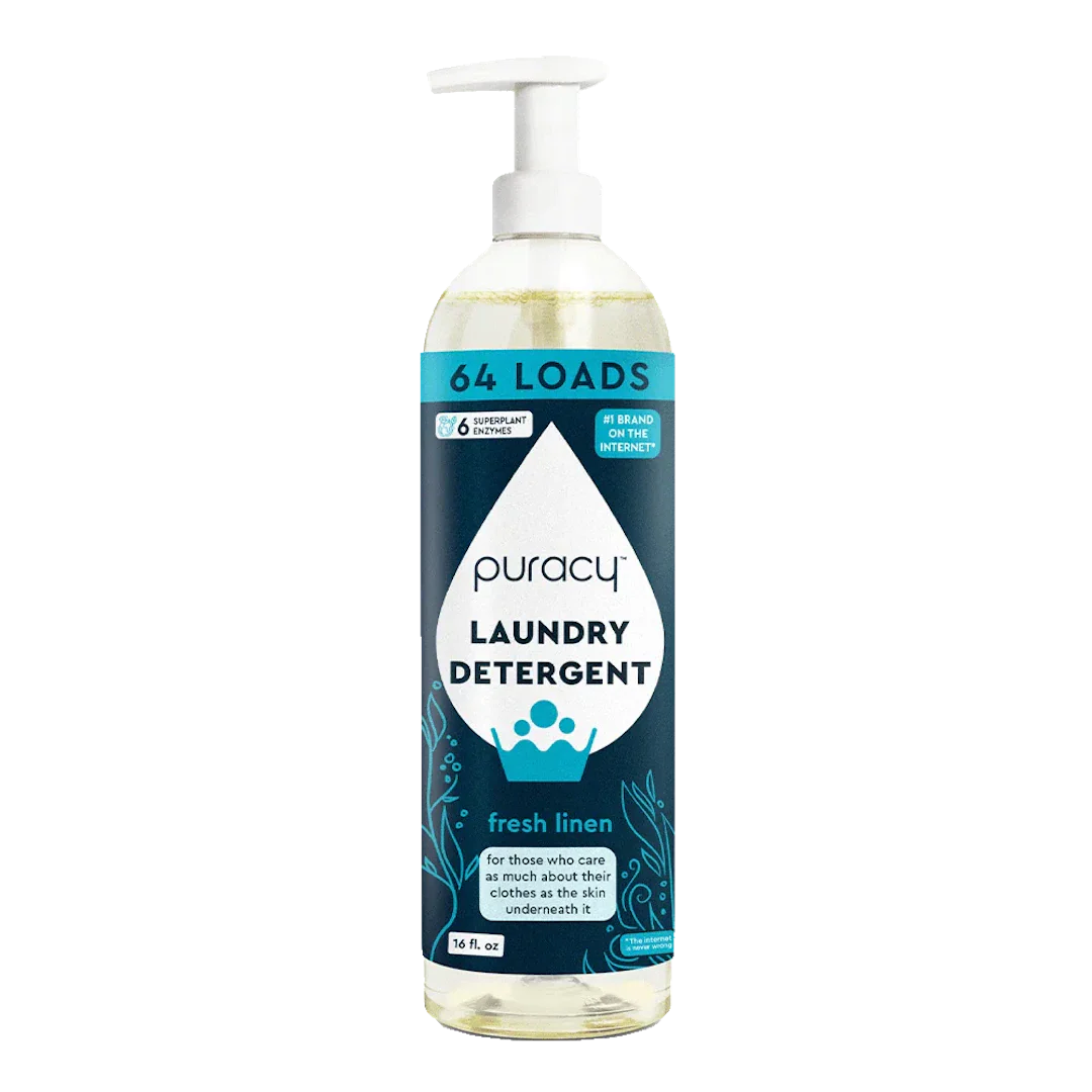 Puracy natural laundry detergent bottle, concentrated and sulfate-free, with a clean, eco-friendly design and label on a white background.