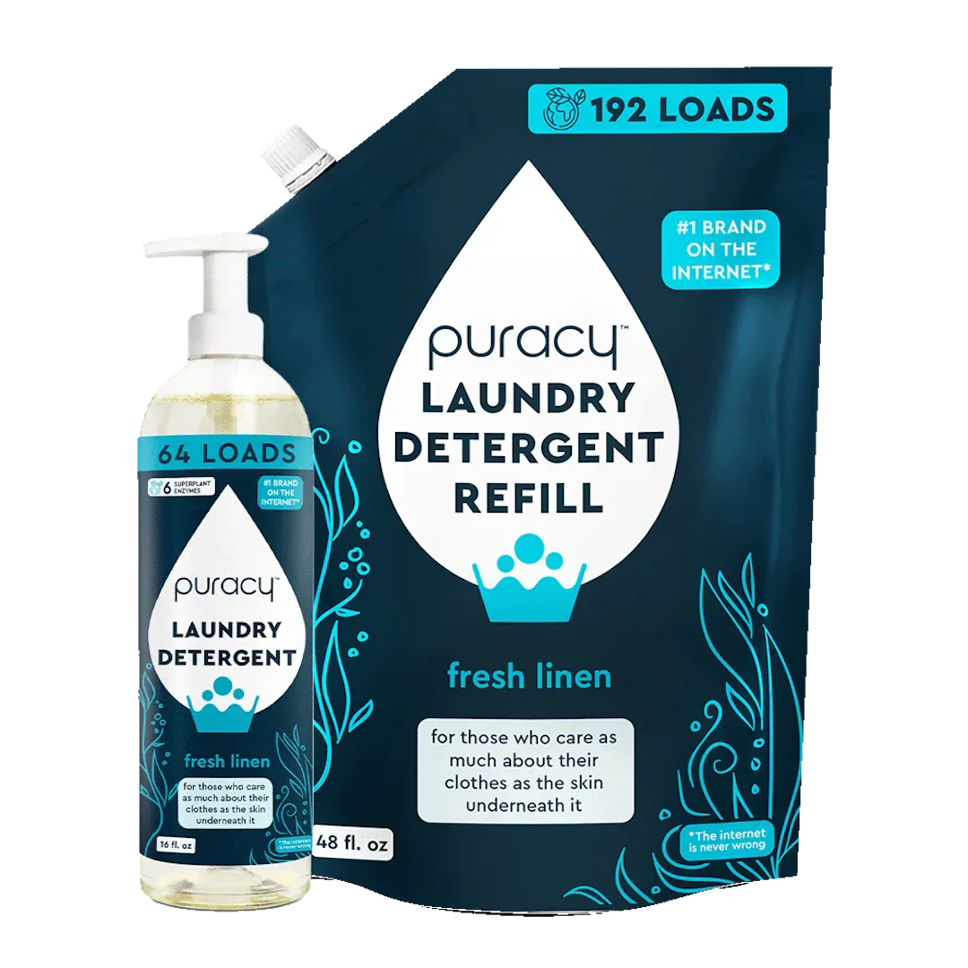 Puracy natural laundry detergent bottle, concentrated sulfate-free formula in a 16oz or 48oz size, suitable for eco-friendly laundry.
