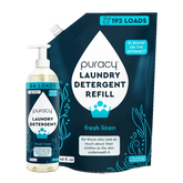 Puracy natural laundry detergent bottle, concentrated sulfate-free formula in a 16oz or 48oz size, suitable for eco-friendly laundry.