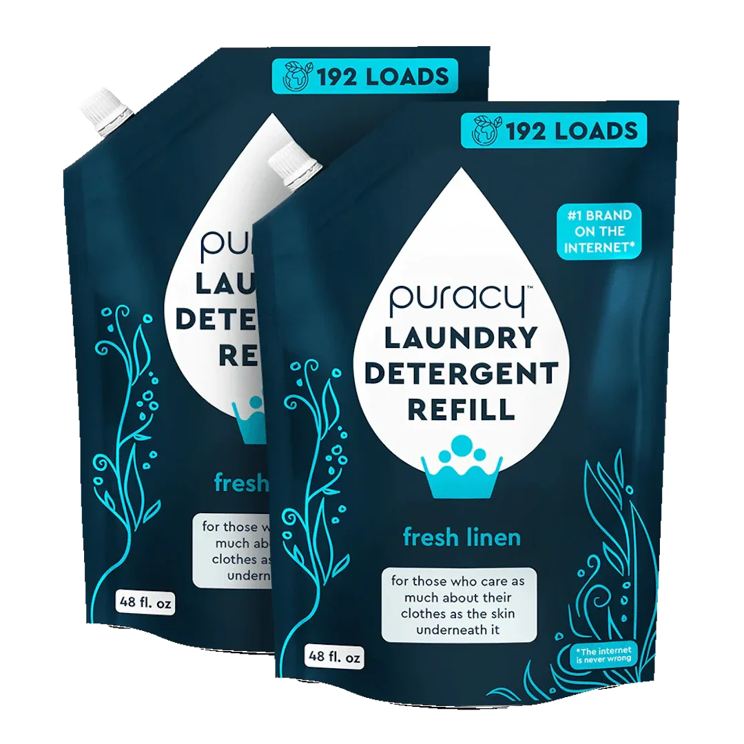 Puracy concentrated sulfate-free laundry detergent in a 48oz bottle, suitable for gentle, natural laundry cleaning.