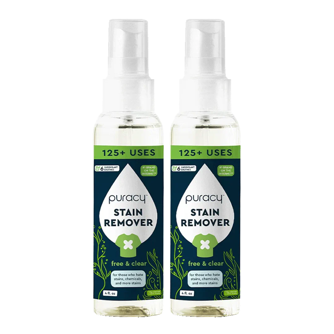 Puracy natural laundry stain remover in a 4oz bottle, featuring a clear liquid with a white cap, designed to remove tough stains.