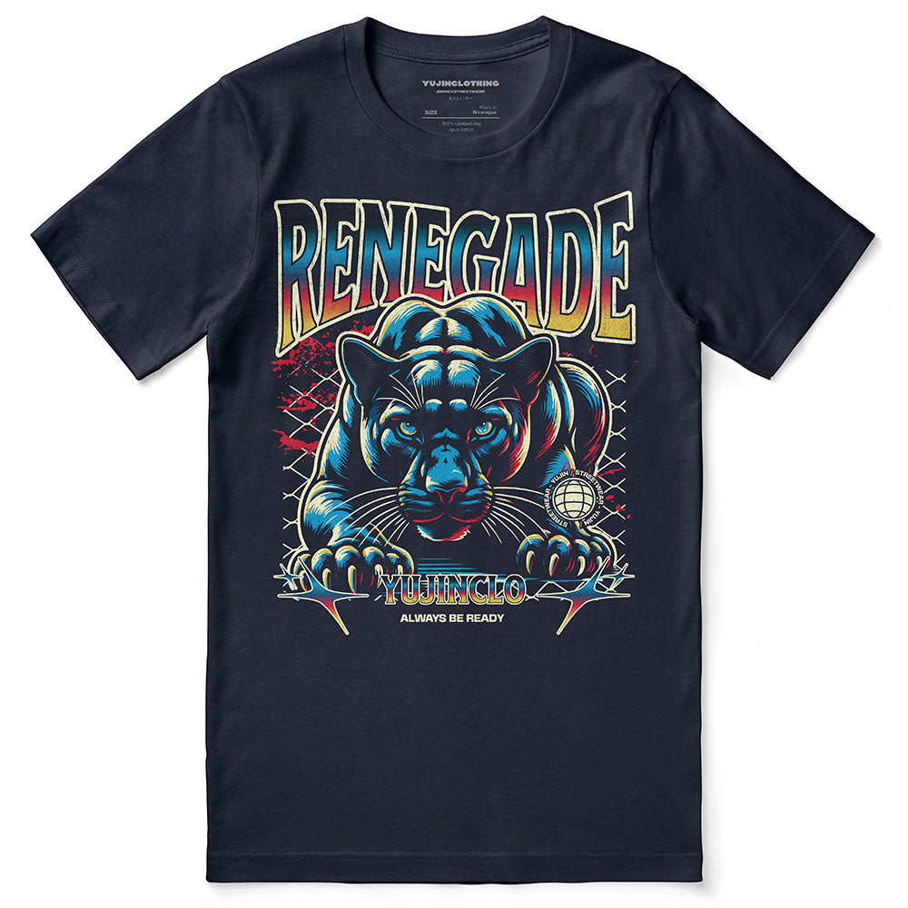 Yūjin Clothing Renegade cat T-Shirt featuring a stylish feline graphic on soft fabric, perfect for casual wear.