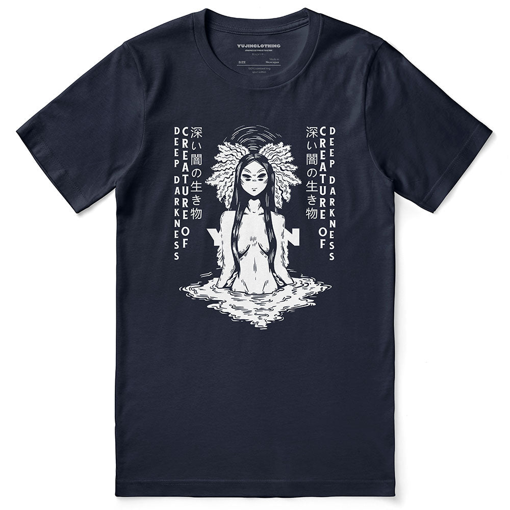 Black Deep Darkness T-Shirt by Yūjin Clothing, featuring a comfortable fit and minimalist design.