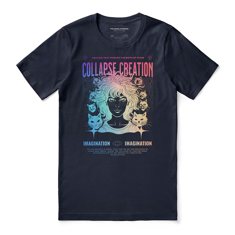 Yūjin Clothing Collapse Creation cat T-shirt featuring a colorful cat graphic on a casual cotton T-shirt for everyday wear.