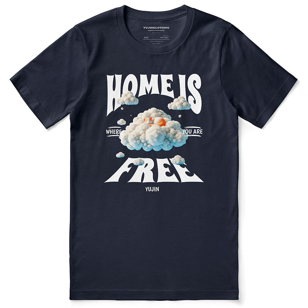 Yūjin Clothing home cat T-Shirt featuring a cozy feline design on a casual cotton shirt for everyday wear.