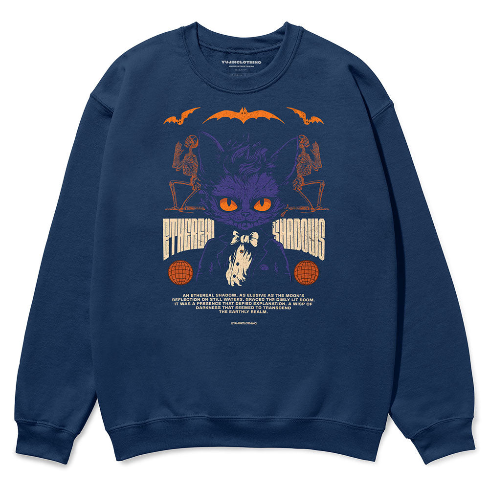 Yūjin Clothing Ethereal Shadows Cat sweatshirt featuring a soft fabric with a shadowy cat design on a dark background.
