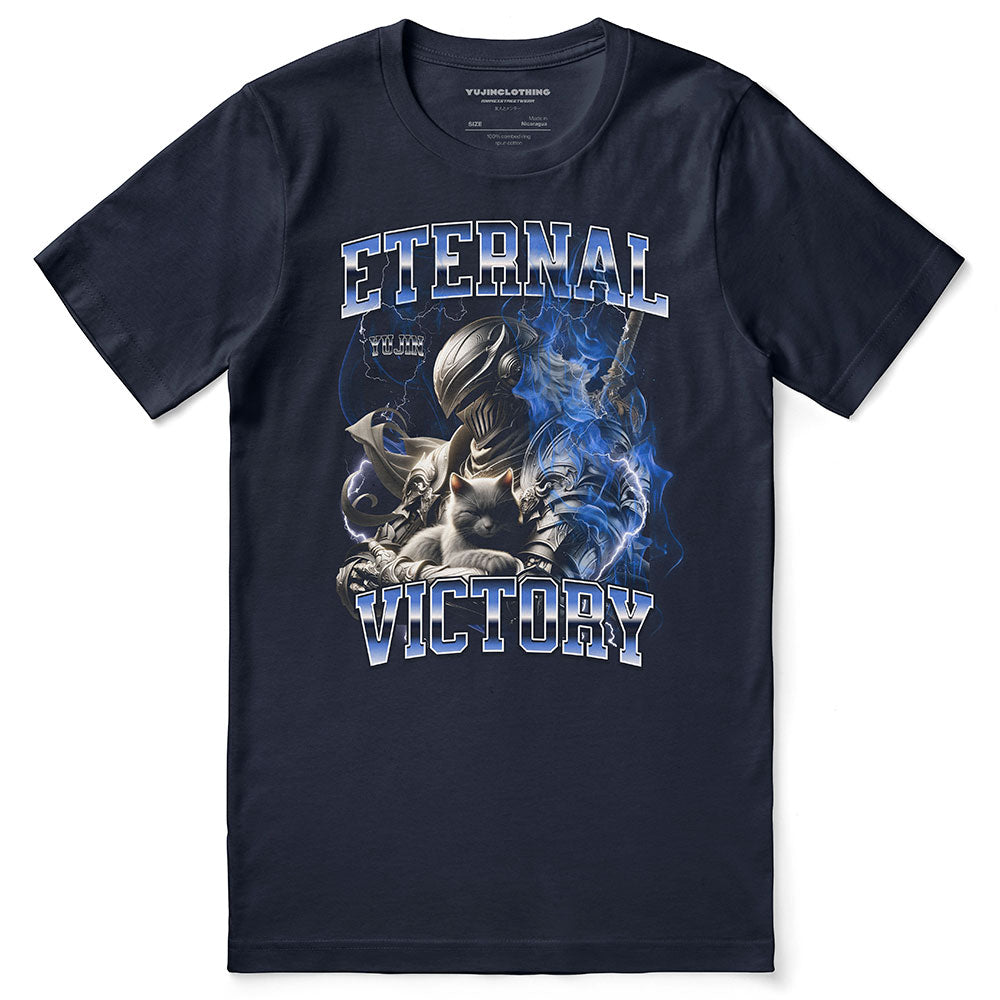 Eternal Victory Cat T-Shirt by Yūjin Clothing featuring a stylish cat graphic on a comfortable cotton tee.