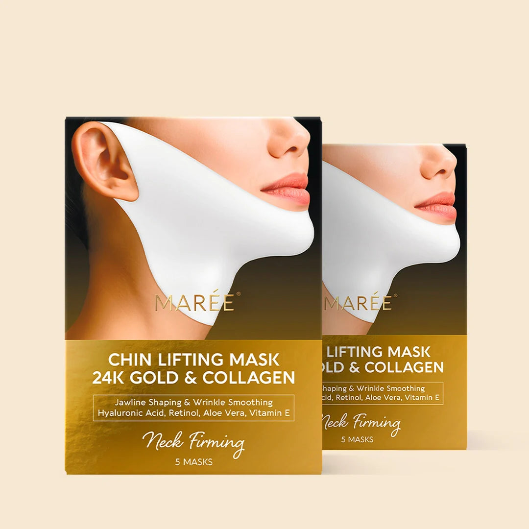 Maree 24K Gold Chin and Jawline Lifting Mask applied to the neck and jawline area, showcasing a luxurious skincare treatment.