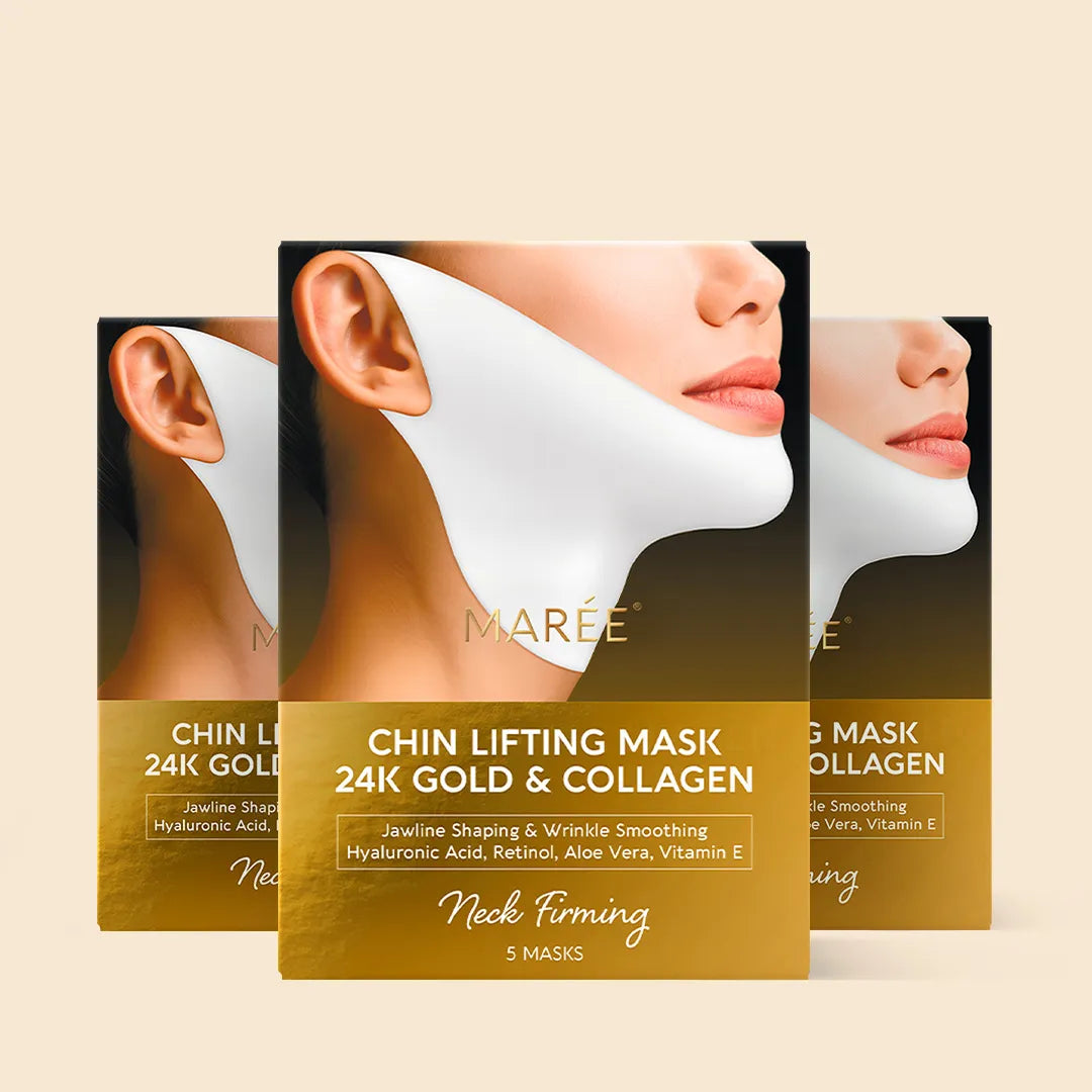 Maree 24K Gold Chin and Jawline Lifting Mask applied on neck, highlighting the luxurious gold skincare treatment.