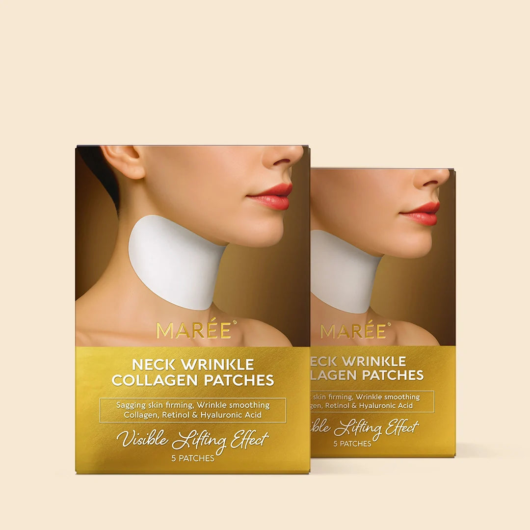 Pair of Maree lifting neck wrinkle patches applied to the neck, demonstrating their natural fit and skin-smoothing effect.