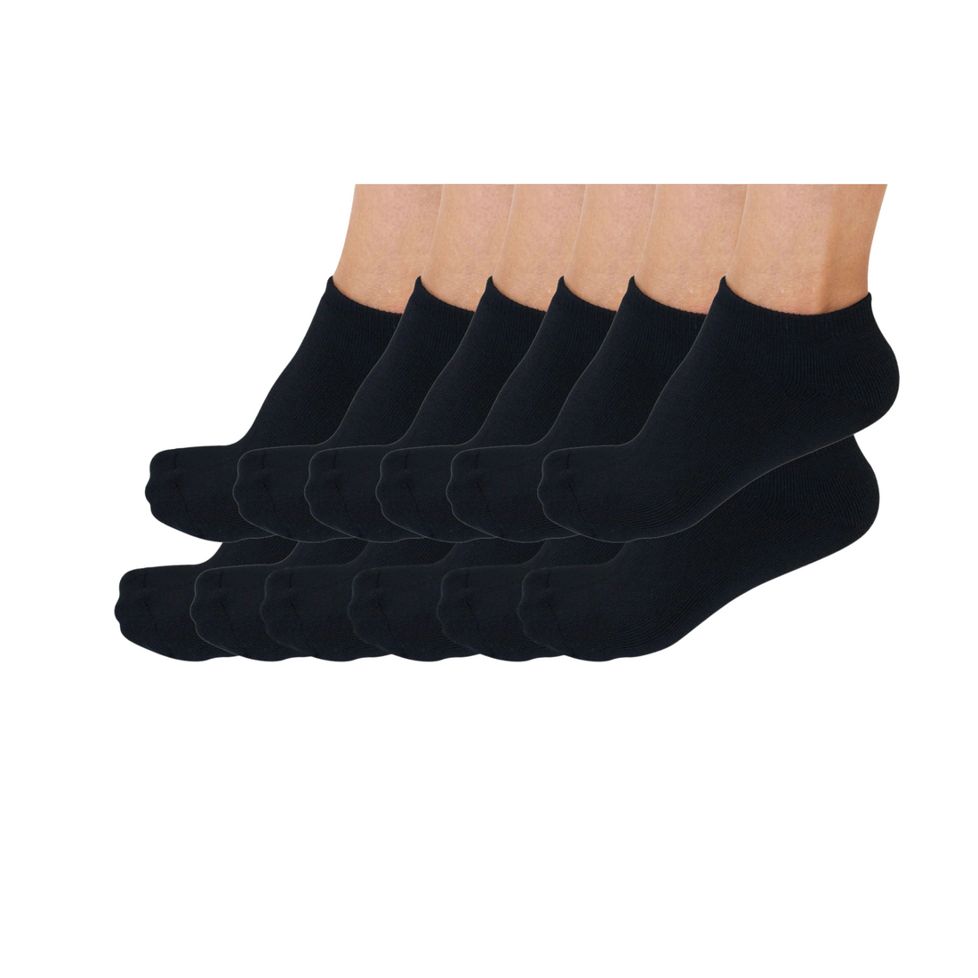 No Look Anklet Bamboo Viscose Socks 12-pack by Spun Bamboo, unisex black socks shown in a bundle.