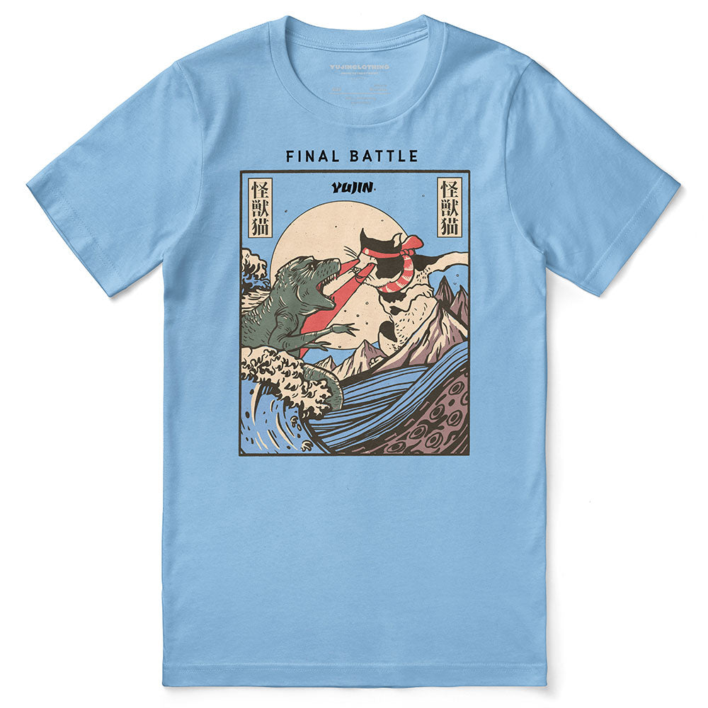Yūjin Clothing Cat Final Battle T-Shirt featuring a detailed cat design on a comfortable casual tee.