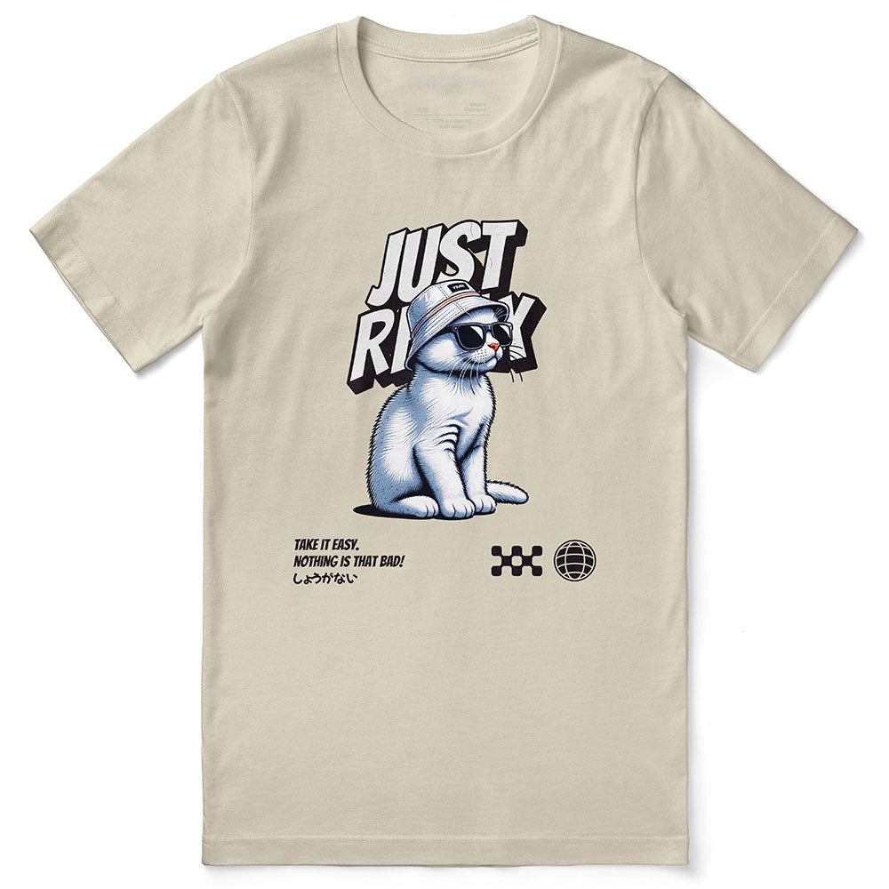 Yellow "Just Relax" cat T-shirt by Yūjin Clothing featuring a relaxed cat graphic and casual fit on a soft cotton fabric.
