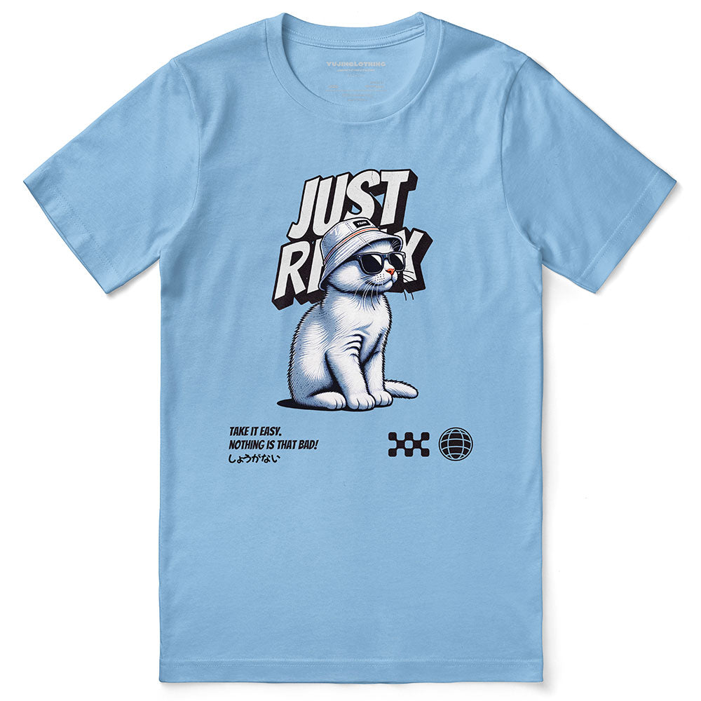 Just Relax cat graphic T-shirt by Yūjin Clothing featuring a cozy cat illustration on a casual cotton tee.