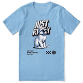Just Relax cat graphic T-shirt by Yūjin Clothing featuring a cozy cat illustration on a casual cotton tee.
