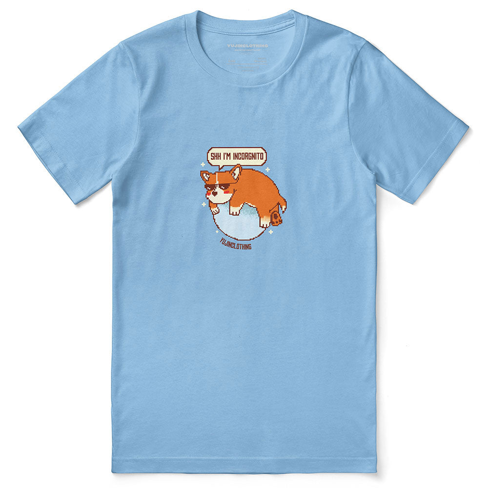 Incognito Corgi Dog T-Shirt from Yūjin Clothing featuring a playful corgi design on a casual cotton tee.