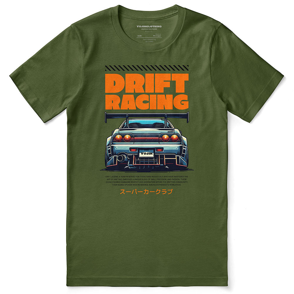 Yūjin Clothing Drift Racing Car T-Shirt featuring a vibrant graphic of a racing car on a casual cotton t-shirt.