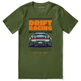 Yūjin Clothing Drift Racing Car T-Shirt featuring a vibrant graphic of a racing car on a casual cotton t-shirt.
