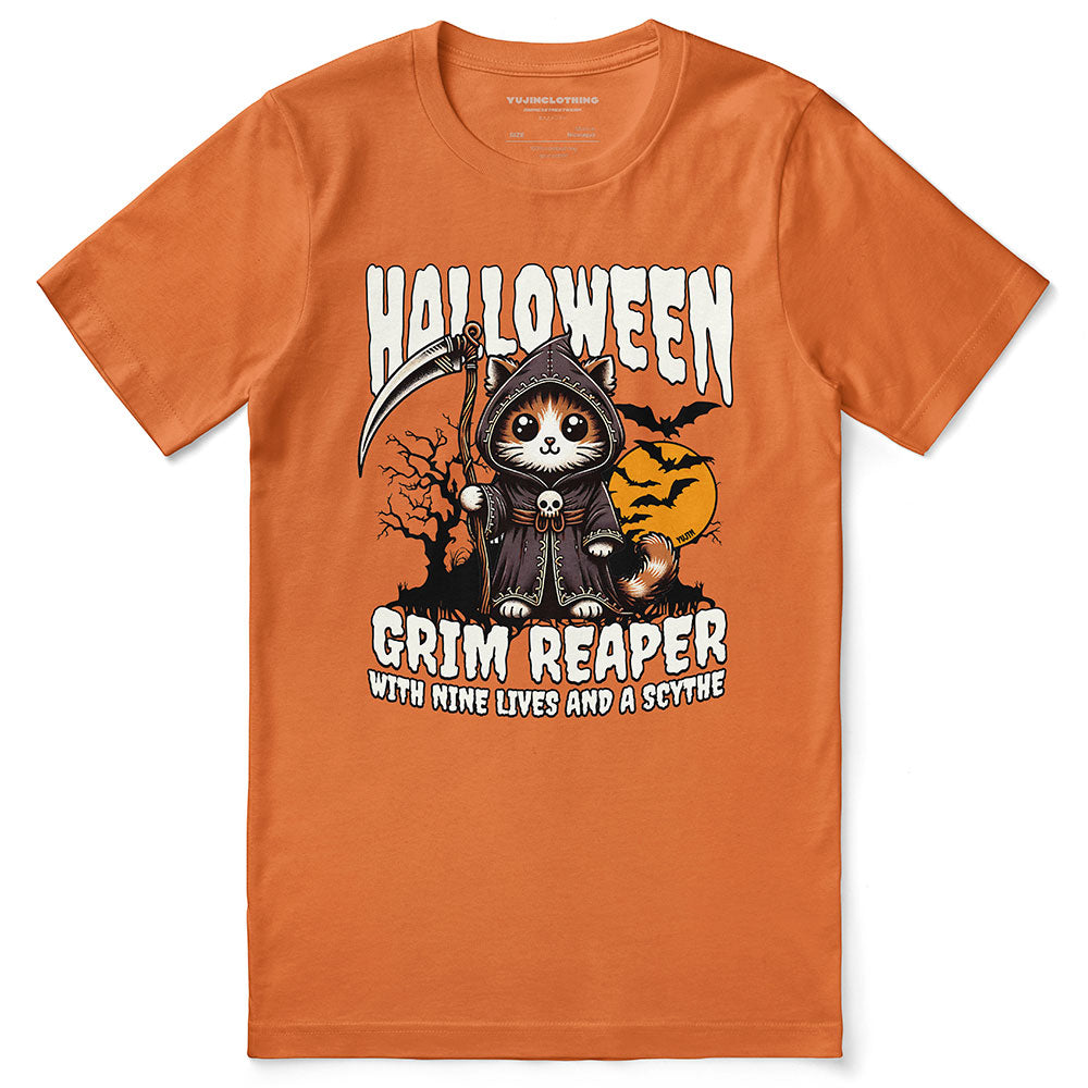 Yūjin Clothing Grim Reaper Halloween Cat T-Shirt featuring a spooky reaper and black cat graphic on a black cotton tee.