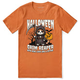 Yūjin Clothing Grim Reaper Halloween Cat T-Shirt featuring a spooky reaper and black cat graphic on a black cotton tee.