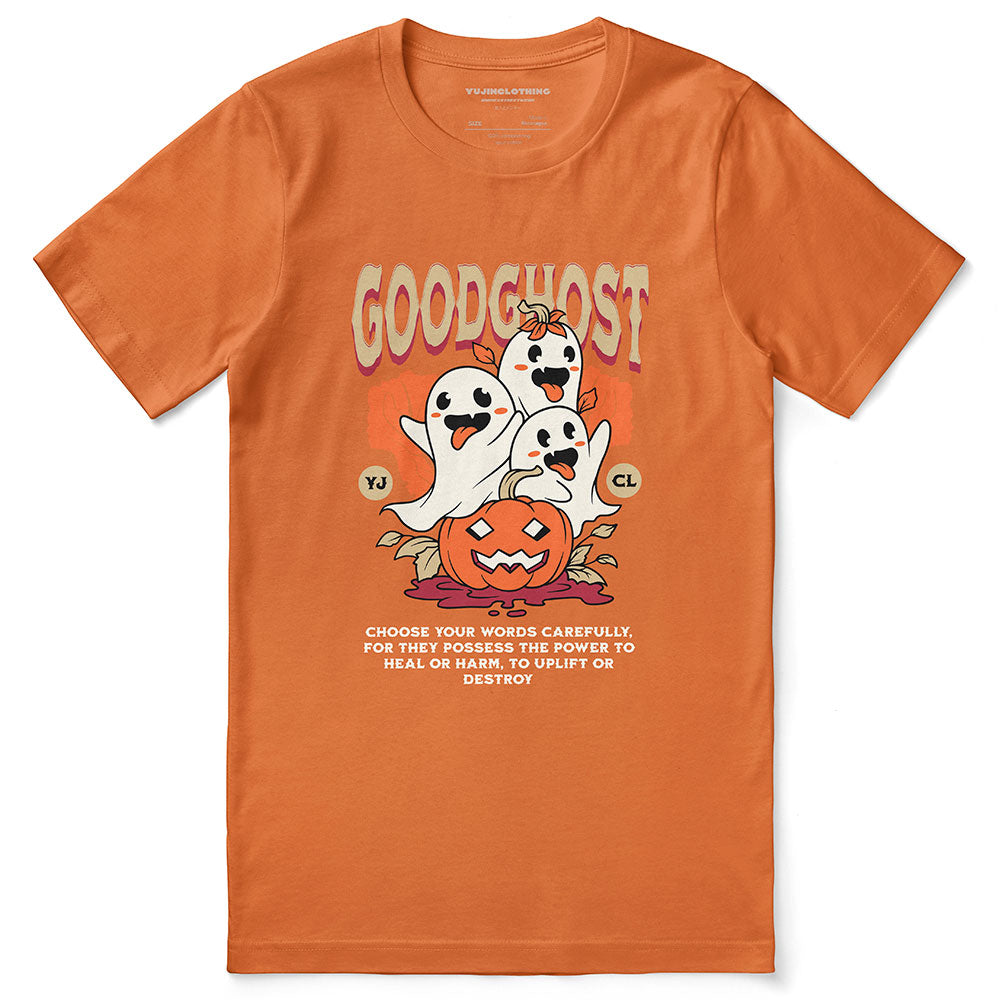 Yūjin Clothing Goodghost Halloween T-Shirt featuring a spooky ghost design on black cotton fabric.