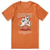 Yūjin Clothing Goodghost Halloween T-Shirt featuring a spooky ghost design on black cotton fabric.