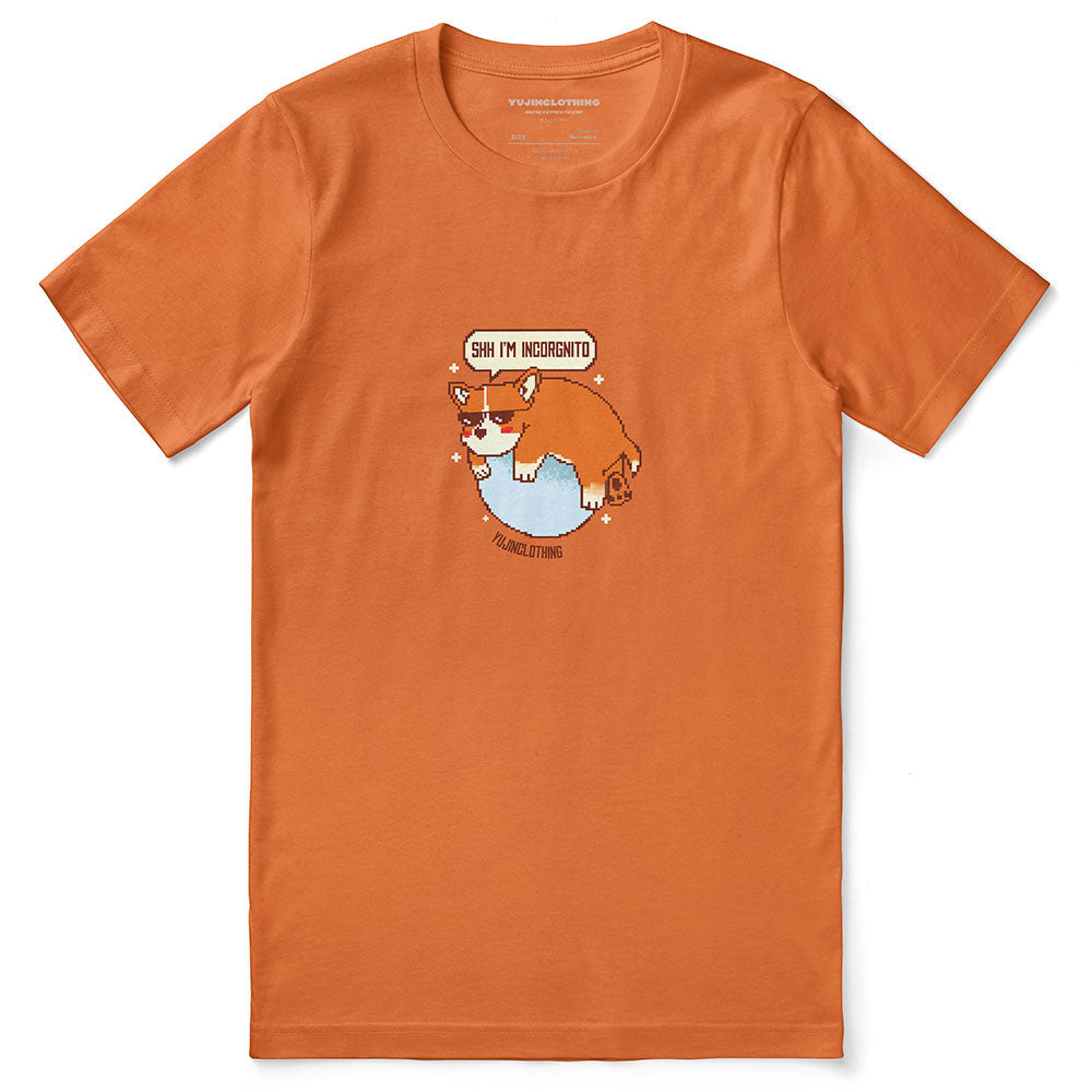 Yūjin Clothing Incognito Corgi Dog T-Shirt featuring a playful corgi graphic on a casual cotton tee