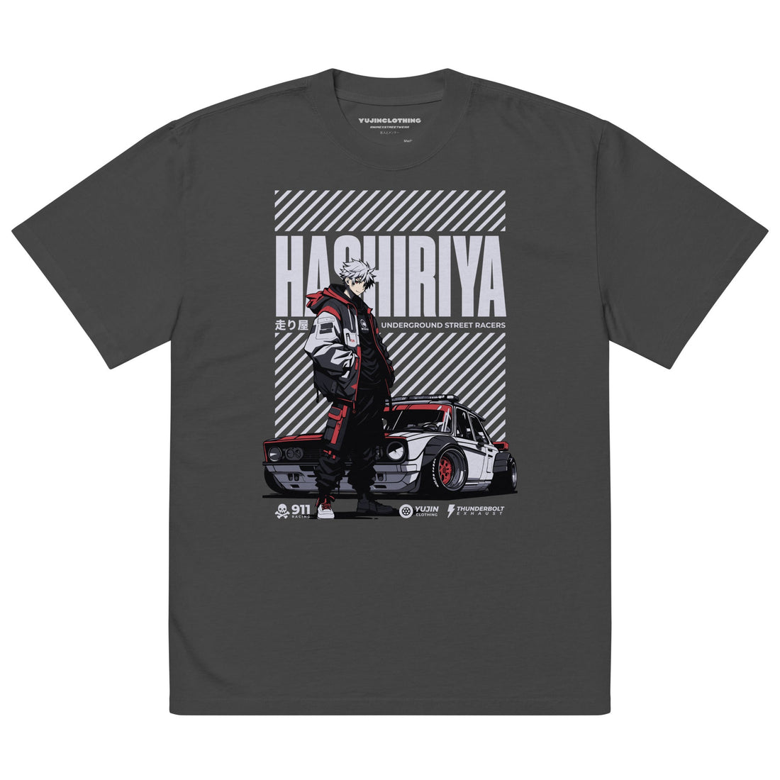 Yūjin Clothing Hashiriya oversized faded car T-shirt featuring a vintage-inspired automotive graphic on soft fabric.