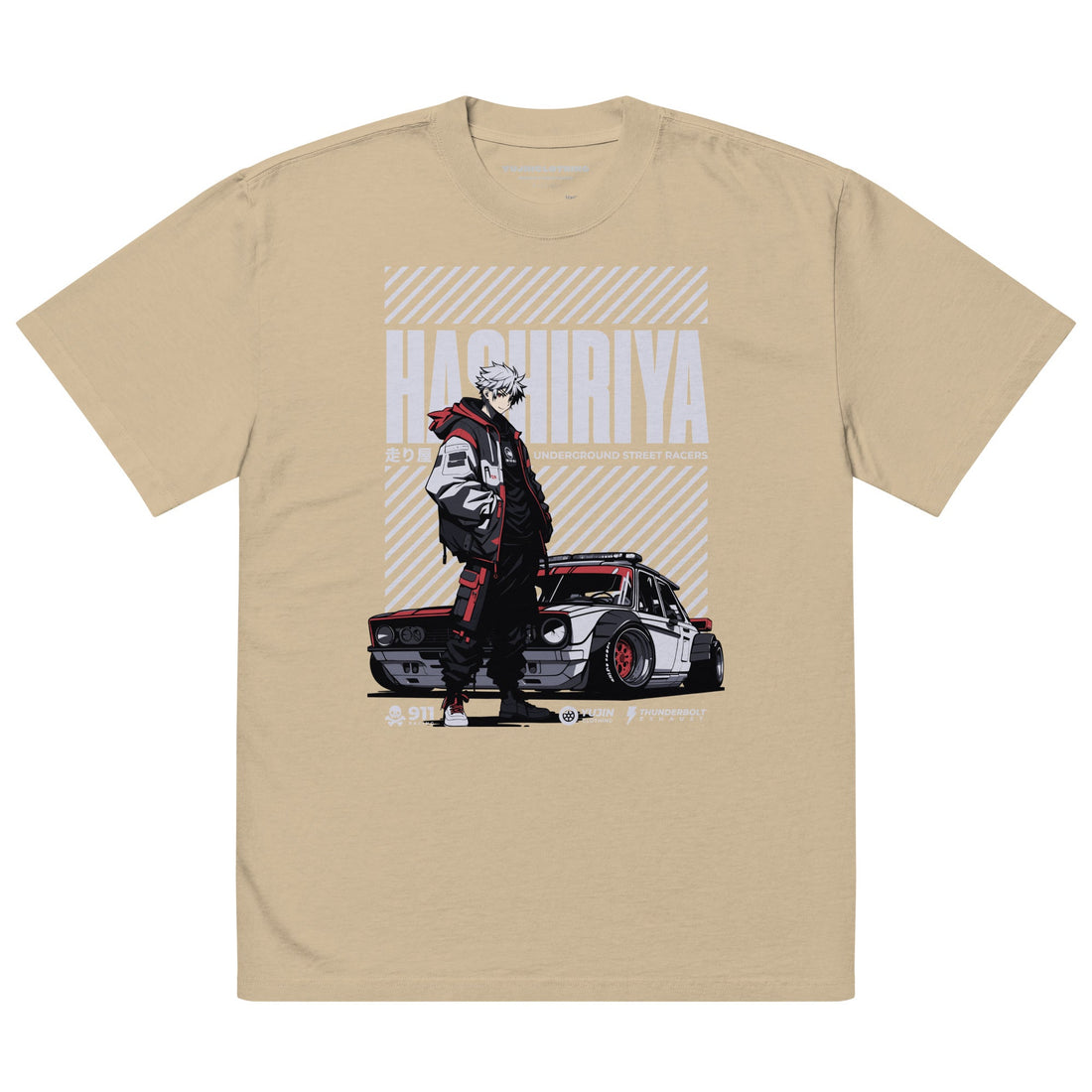 Yūjin Clothing Hashiriya oversized faded car T-shirt featuring vintage automotive graphic for casual streetwear style.