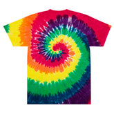 Amor tie-dye T-shirt by Yūjin Clothing featuring vibrant, swirling colors and a casual fit on a model.