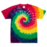 Yūjin Clothing Amor tie-dye T-shirt featuring vibrant rainbow colors and a relaxed fit, displayed on a hanger.