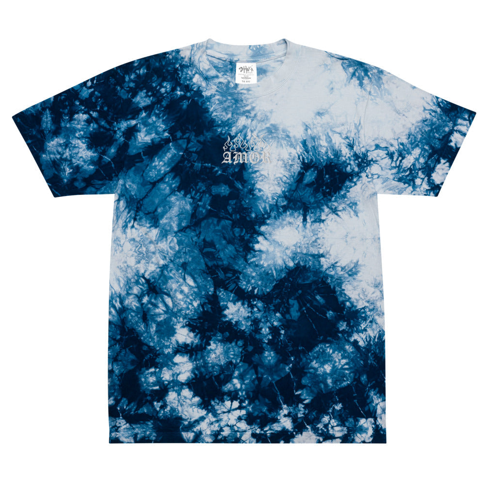 Yūjin Clothing Amor tie-dye T-shirt featuring vibrant, swirling colorful patterns on soft cotton fabric.