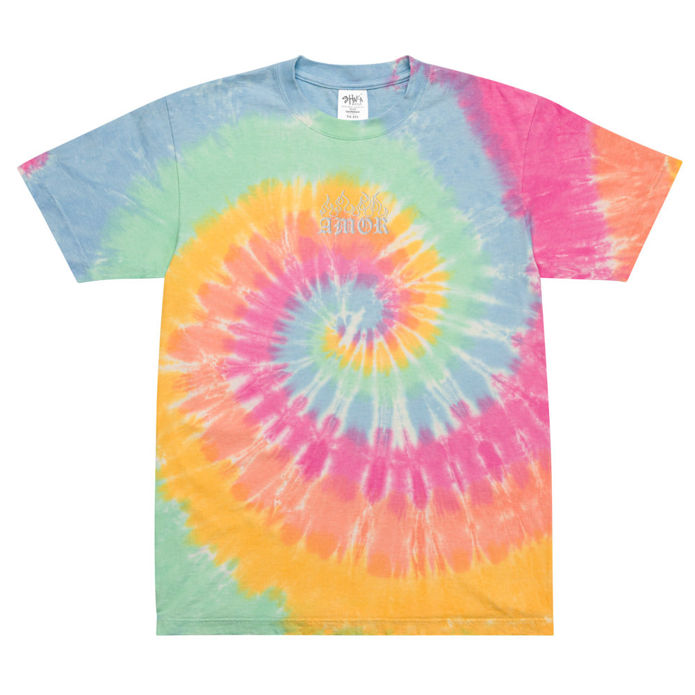 Yūjin Clothing Amor tie-dye T-shirt with vibrant multicolor swirl pattern and classic crew neck design.