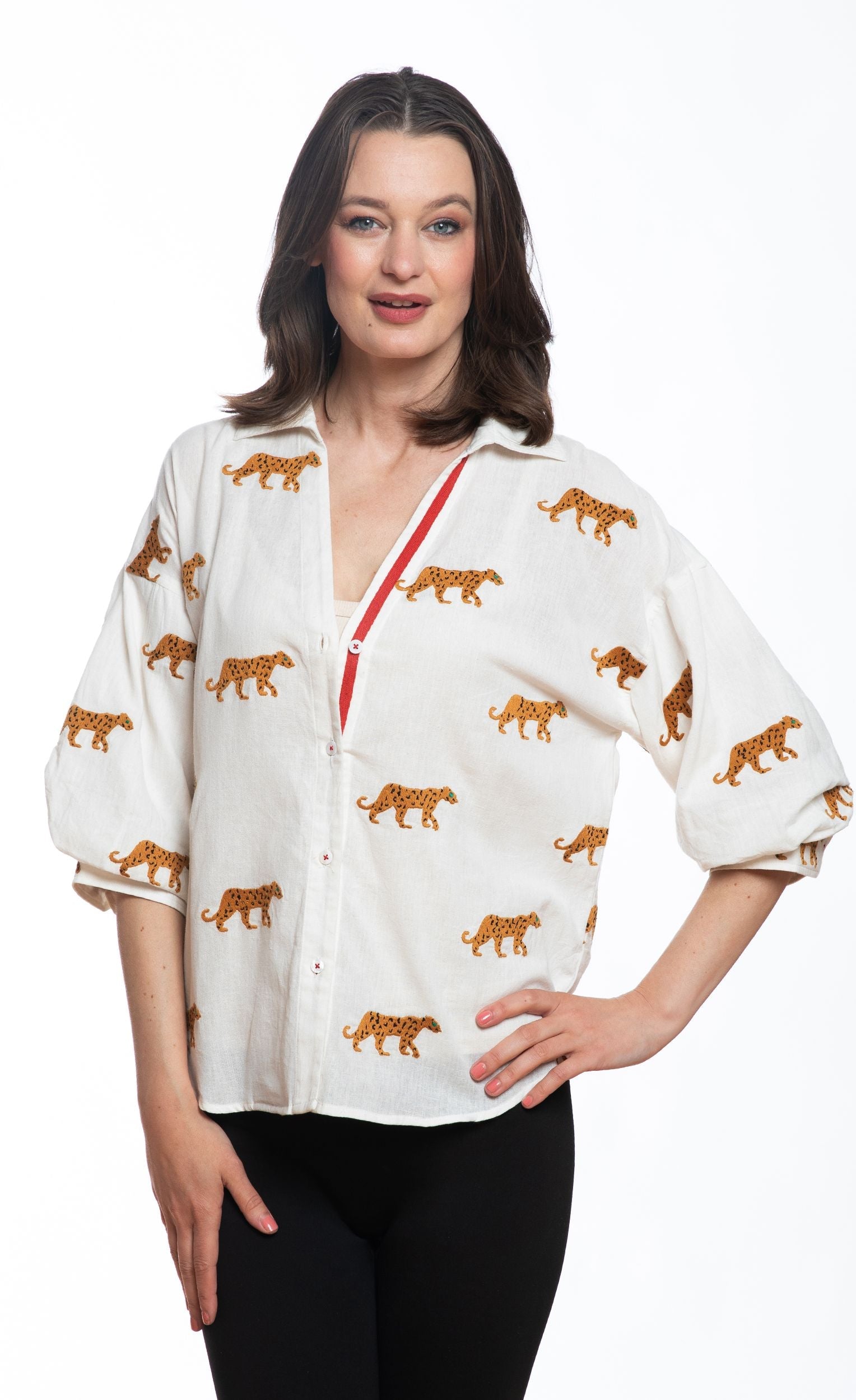 Milano Top Ivory Embroidered Cheetahs