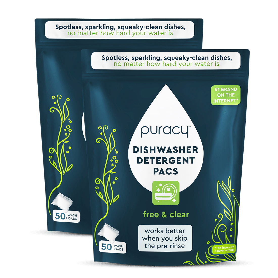 Puracy dishwasher detergent pods in a clear container showing two blue and white pods ready for use in a dishwasher cycle.