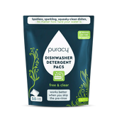 Puracy dishwasher detergent pods in a container, showing the colorful, pre-measured cleaning tablets for dishwashers.